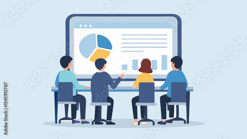 Business meeting with team analyzing data charts and diagrams on a large computer screen display