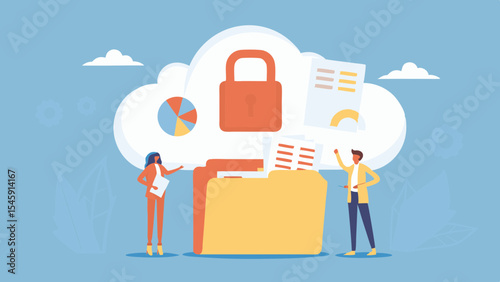 Cloud Data Security and Protection Concept with People Folder Padlock and Documents for Digital Information Management