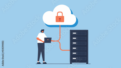 Cloud and Server Security Illustration with a Man Working on a Laptop Connecting to Systems