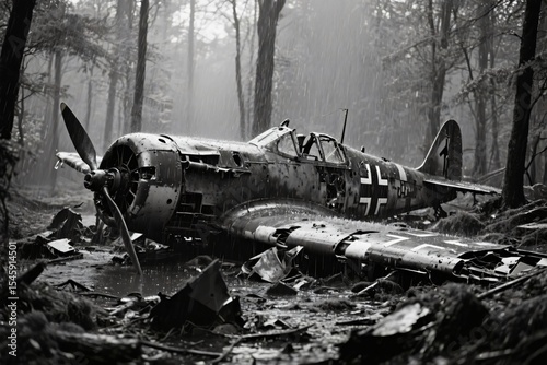 Black & White Destroyed WW2 Plane in Rain