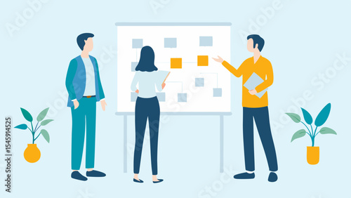 Business team discussing strategy on whiteboard brainstorming session planning teamwork and collaboration in the workplace