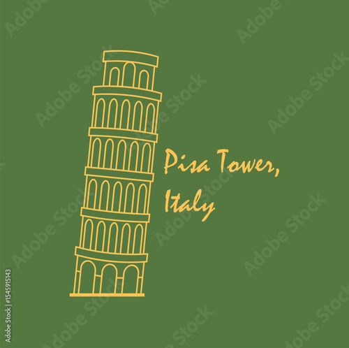 Pisa Tower Italy outline illustration. Travel, history and culture theme. world heritage leaning tower landmark building, 