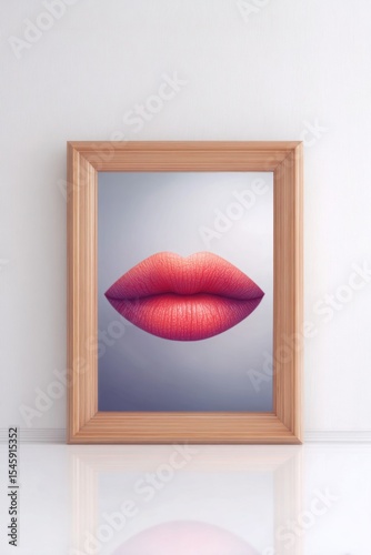 Red Lips in a Wooden Frame Mirror Reflection
