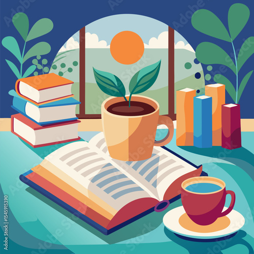 Open Book with a Cup of Coffee Illustration Representing Relaxation, Study Time, and Cozy Reading Moments