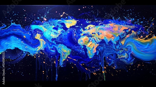 Colorful Abstract Representation of World Map in Vivid Blue and Yellow Paint Splatters