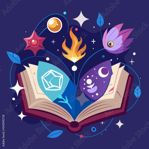 Open Book with Magic Symbols Illustration Representing Fantasy, Enchantment, and Mystical Knowledge in a Magical World