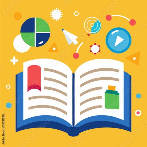 Open Textbook Illustration with Educational Symbols Representing Knowledge, Learning, and Academic Exploration Across Multiple Subjects