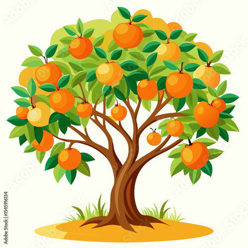 Lush Orange Tree Illustration with Bright Ripe Citrus Fruits Representing Organic Farming, Fresh Harvest, and Natural Growth
