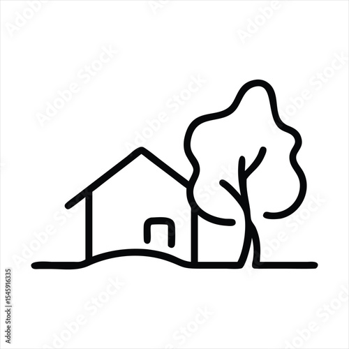Vector Line Art House and Tree Illustration, White Background.
