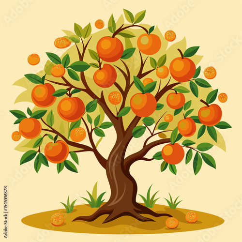 Lush Orange Tree Illustration with Bright Ripe Citrus Fruits Representing Organic Farming, Fresh Harvest, and Natural Growth
