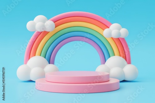 Pink baby kid product display podium platform with colorful rainbow and clouds on blue background