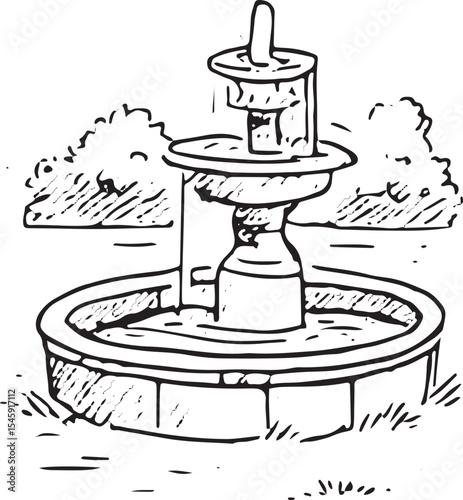 Elegant black-and-white sketch of a city park fountain with water and surrounding bushes, perfect for coloring books, urban art, or garden designs. Captures a serene water 