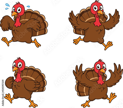 This vector illustration collection features a funny cartoon turkey character, expressing various emotions from scared, panicked running to happy, excited celebration for Thanksgiving.

