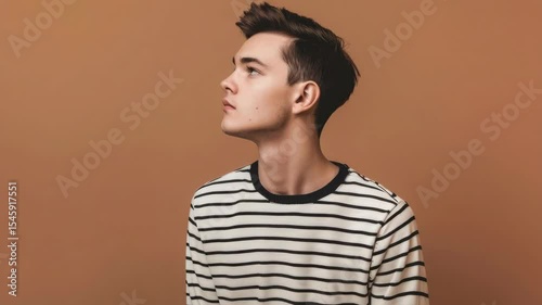 Wallpaper Mural A young man poses in a casual, striped sweater against an orange backdrop. He is looking upwards and to the side with a contemplative expression. Torontodigital.ca