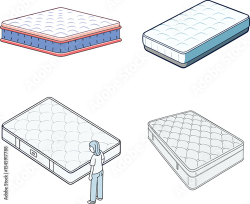 Comfortable Single Bed Mattress Designs – Isometric and Flat Vector. 