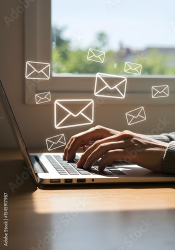Email Marketing Communication Concept: Sending Messages via Laptop in Natural Light