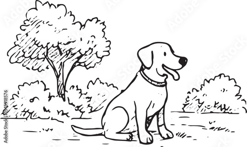 Sweet black-and-white illustration of puppies resting under shady trees in a park, ideal for pet art or nursery decor. Depicts a calm, bonding moment in a peaceful outdoor environment