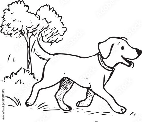 Graceful black-and-white sketch of a puppy walking in a park, perfect for pet designs or kids' illustrations. Highlights a serene stroll in a natural outdoor environment