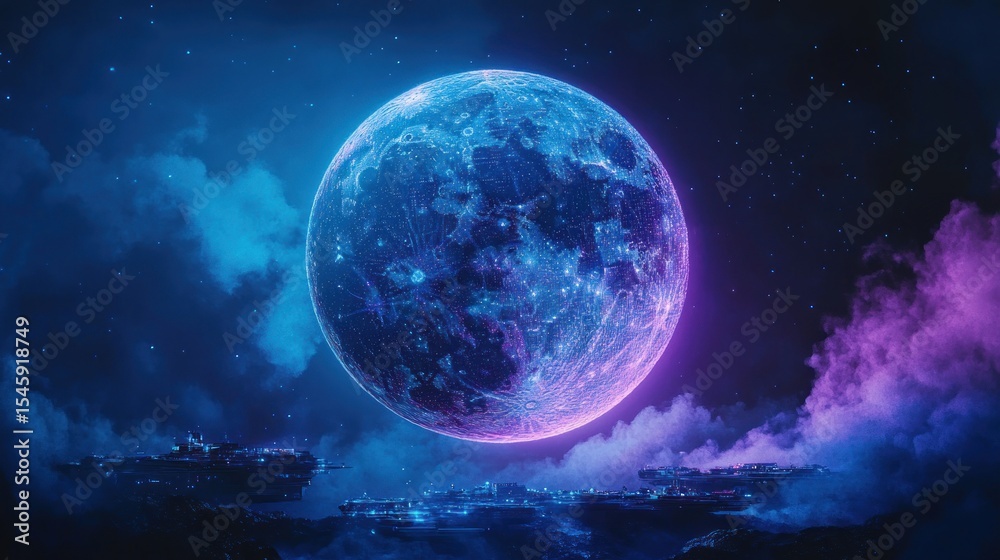 Fototapeta premium Futuristic city skyline under a glowing, vibrant blue and pink alien moon at night.