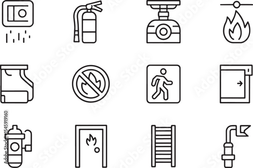 Fire safety and emergency prevention icons: extinguisher, smoke detector, exit, and fire hydrant symbols.
