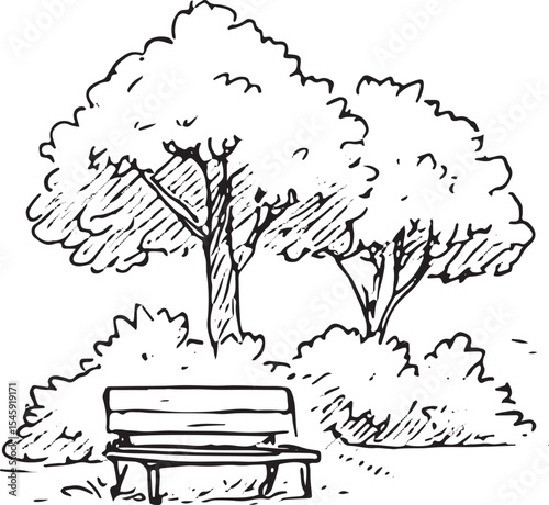 Simple black-and-white sketch of a city park featuring a lone bench under a large tree, surrounded by bushes. Ideal for coloring books, urban art, or nature-themed designs, evoking a peaceful outdoor 