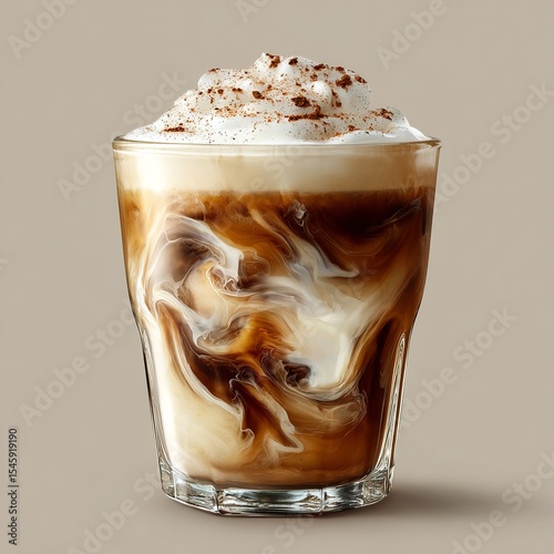  delicious coffee drink with milk with sprinkled cinnamon on top, in a wavy glass, on a plain background, the milk and coffee are separated creating swirls