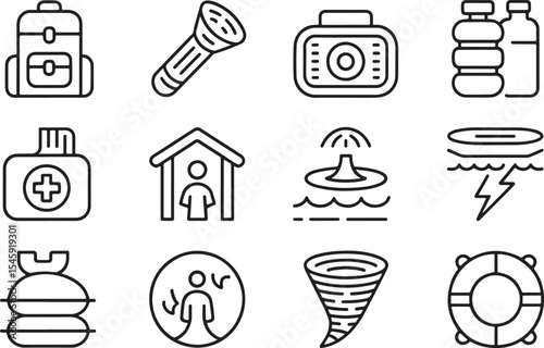 Emergency preparedness and natural disaster icons: survival kit, shelter, water, and weather hazards