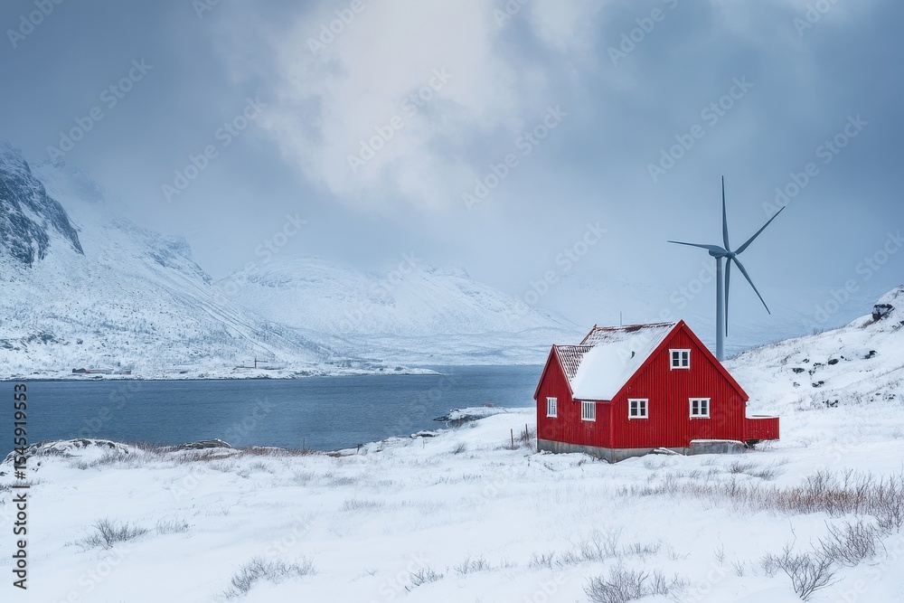 Naklejka premium Windmills harnessing renewable energy near a red cabin in Northern Norway's snowy landscape, Windmills for electric power production Northern Norway