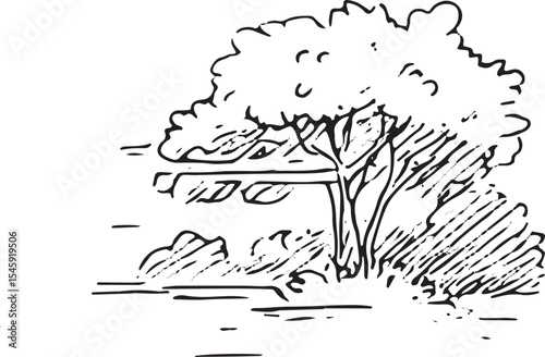 Simple black-and-white sketch of a city park featuring a lone bench under a large tree, surrounded by bushes. Ideal for coloring books, urban art, or nature-themed designs, evoking a peaceful outdoor 