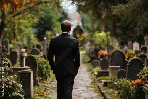 Man in black suit walks through a serene graveyard lined with vibrant flowers and tombstones on a tranquil day, Man in black suit walking past graves and tombstones in cemetery for funeral