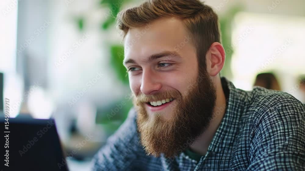 Happy bearded man working on laptop, in office with blurred background Happy bearded man working on laptop, in office with blurred background