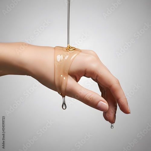 Golden nectar cascading over delicate skin, a portrait of luxury and self-care, The sweet embrace of honey, a moment of indulgence for the hand and senses