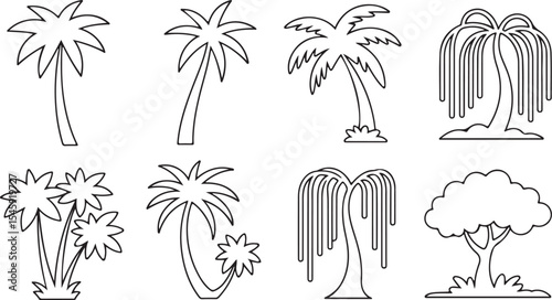 Various trees outline icons: palm trees, weeping willow, and deciduous trees