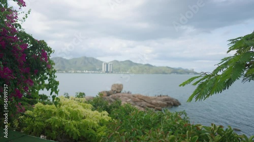 A Serene Coastal View Featuring Vibrant, Colorful Flora Against a Backdrop of Cloudy Skies