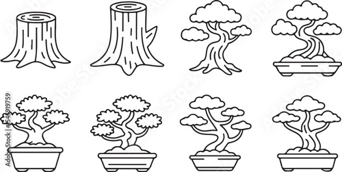 Nature-inspired bonsai and tree stump icons, representing natural growth and miniature landscapes
