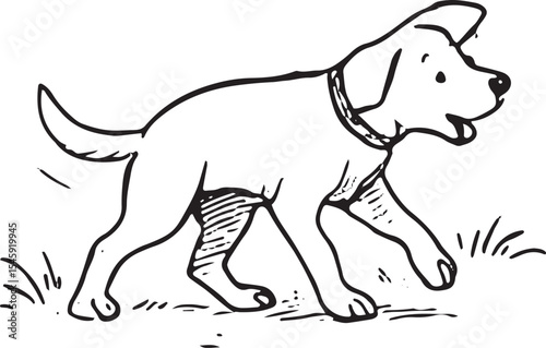 Graceful black-and-white sketch of a puppy walking in a park, perfect for pet designs or kids' illustrations. Highlights a serene stroll in a natural outdoor environment
