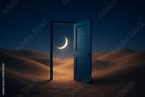 Porta aperta nel deserto sotto le stelle, visione onirica e surreale, concetto di sogno
