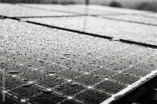 Black & White Close-Up of Solar Panel in Rain