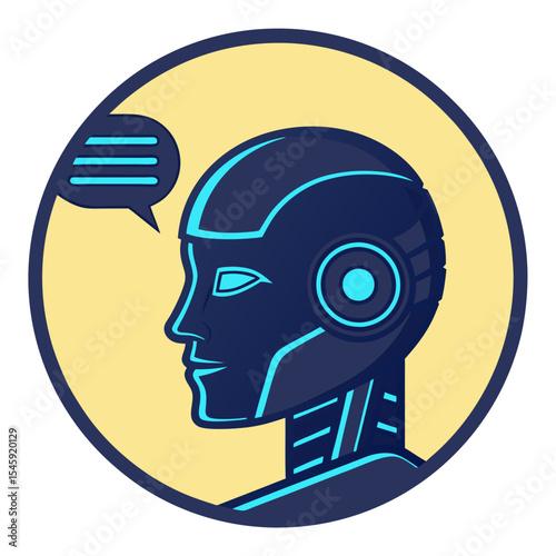 Stylized depiction of a robotic head in profile with a speech bubble on a circular yellow background