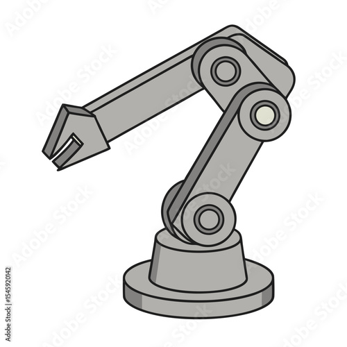 A gray robotic arm with multiple joints and a gripper extending outward on a white background view