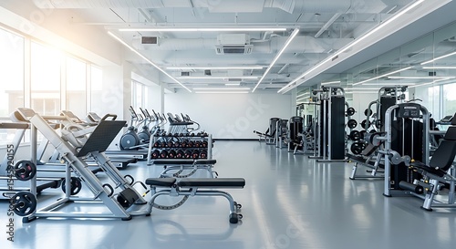 Modern bright gym interior showcasing exercise equipment and training facilities available for workout.