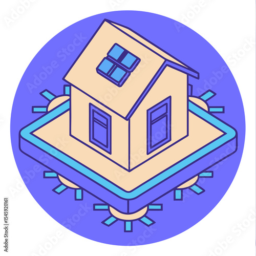 Isometric home with solar panels on roof sitting on platform with gear accents on purple circle