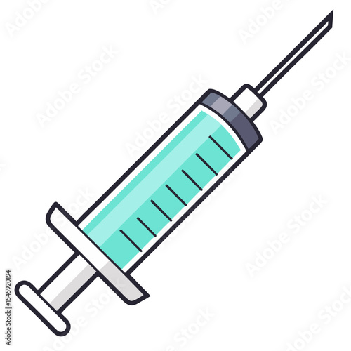Cartoon depiction of a syringe filled with light blue liquid and a needle pointing upwards right side