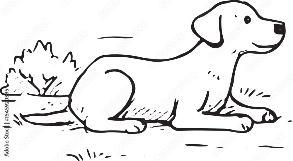 Obraz premium Gentle black-and-white drawing of a puppy lying down in a park, perfect for calm pet art or nursery decor. Depicts a peaceful moment of rest in a natural outdoor setting