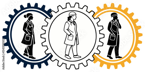 Three female figures in lab coats standing within interlocking gears colored blue white and gold