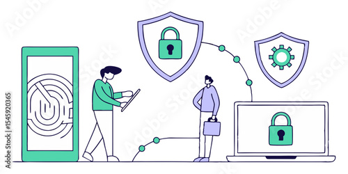 People interacting with secure devices and network represented by shields and padlocks design