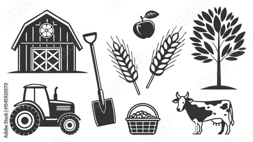 Farm scene with barn, tractor, shovel, wheat, apple, tree, basket, and cow in monochrome style