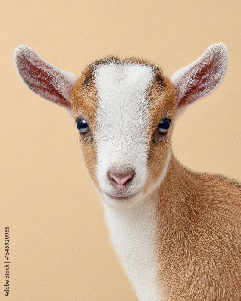 Fototapeta premium Close-up of a young brown and white goat kid against a beige background, showing its curious and gentle expression.