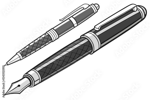 Two pens depicted with detailed line work one with a nib and the other with a fine point tip design