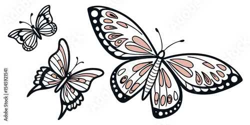 Three stylized butterflies with intricate wing patterns in black outlines and pale pink accents